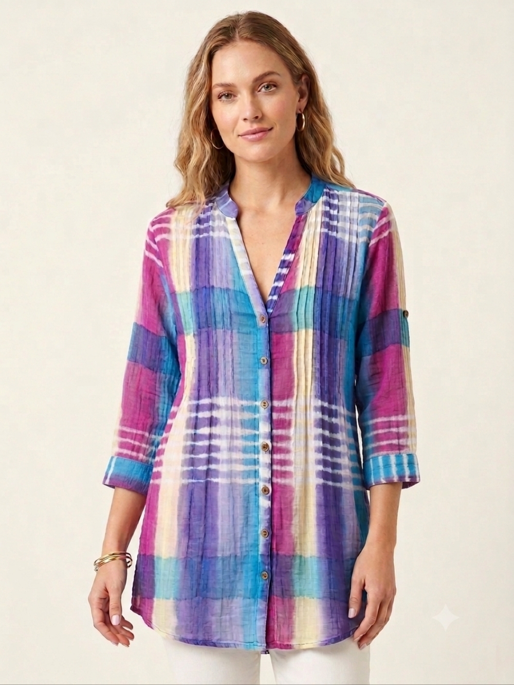 Chaudry KC Cotton Gauze Tie Dye Tunic Blouse M Boho Hippie Festival Airy Coastal